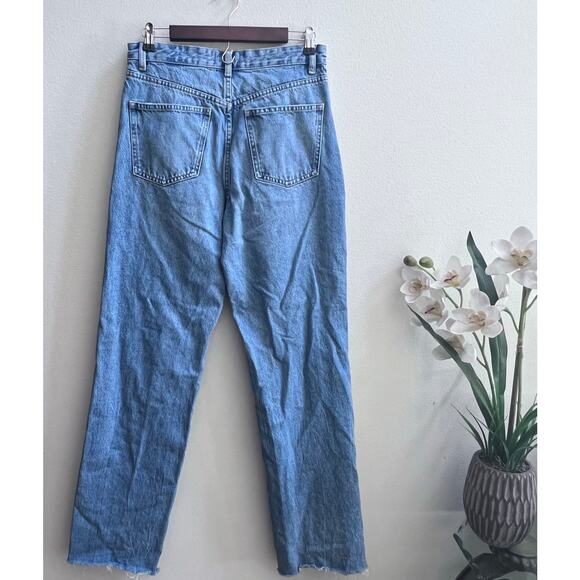 Zara Jeans Women's Sz 8 Medium Wash Straight Leg Baggy Raw Hem High Rise Denim - Picture 2 of 7